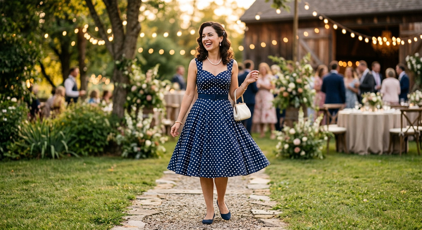 Une femme élégante en robe pin-up à pois bleus et blancs, souriant lors d'un mariage champêtre.