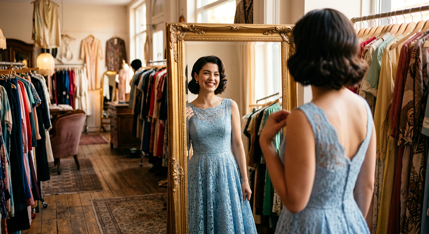 Une jeune femme souriante essaie une robe de cocktail vintage bleu pastel dans une boutique chic.