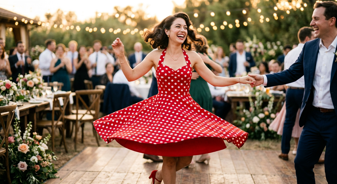 Une femme en robe swing années 50 rouge à pois blancs, riant aux éclats.