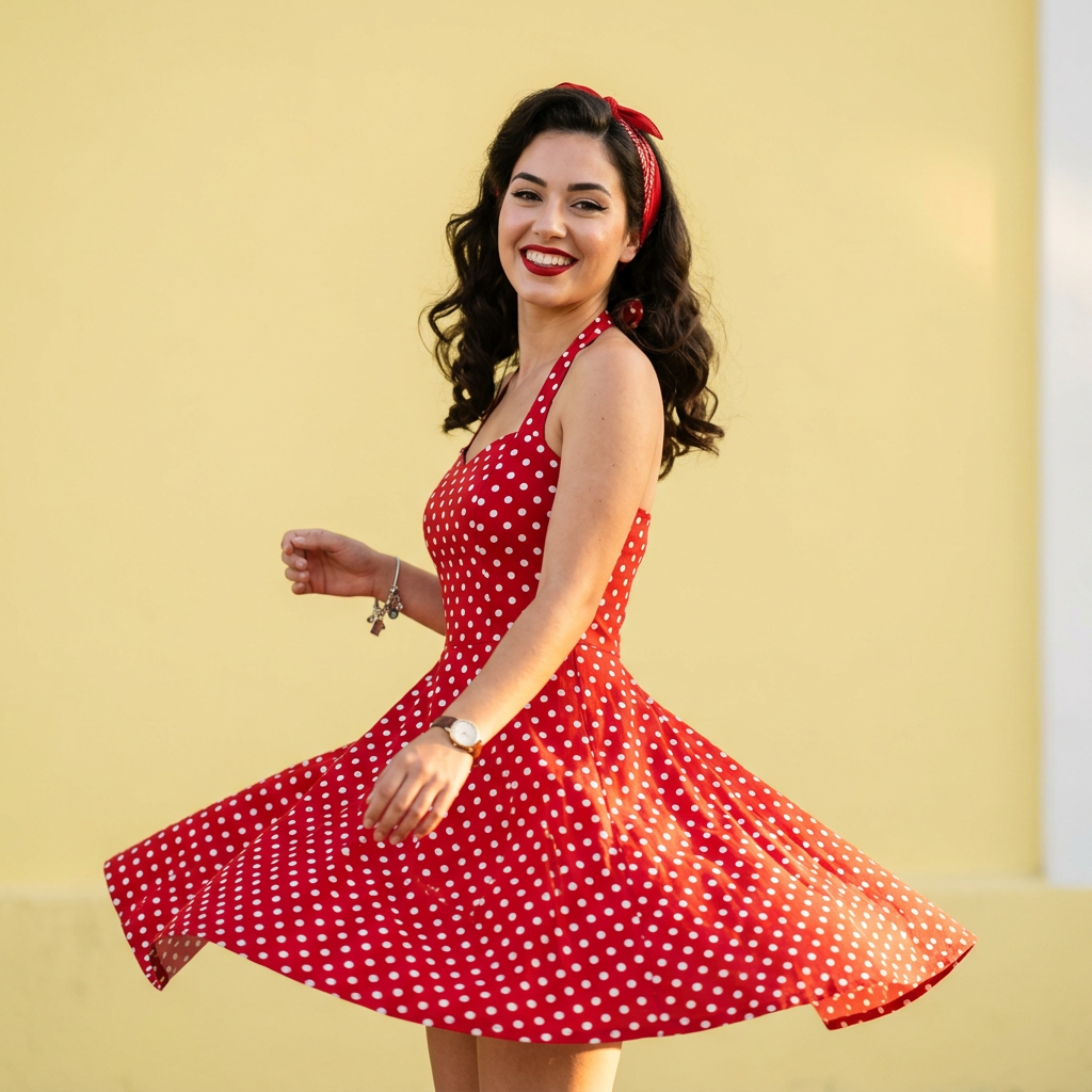 Pin-up moderne souriante portant une robe à pois style années 50 avec un rouge à lèvres vif.