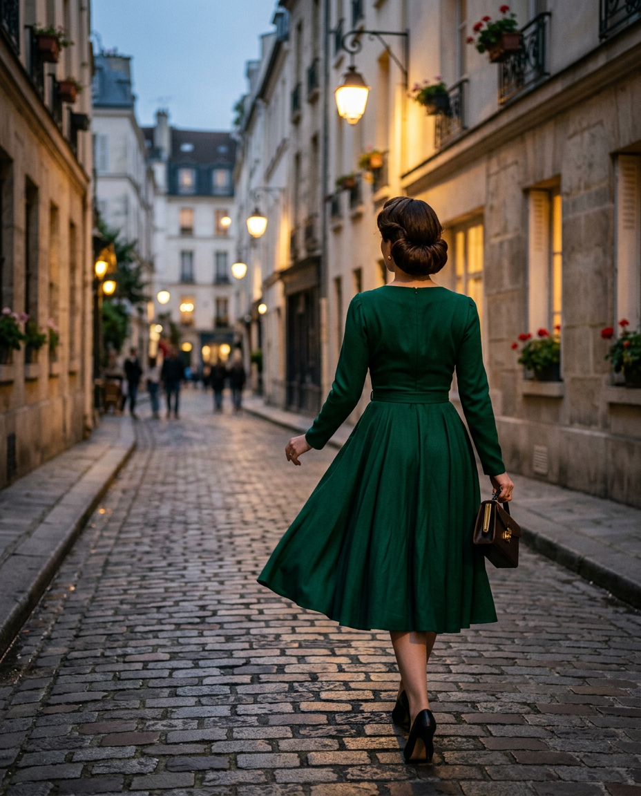 Femme élégante de dos portant une robe style ancien dans une rue pavée de Paris.