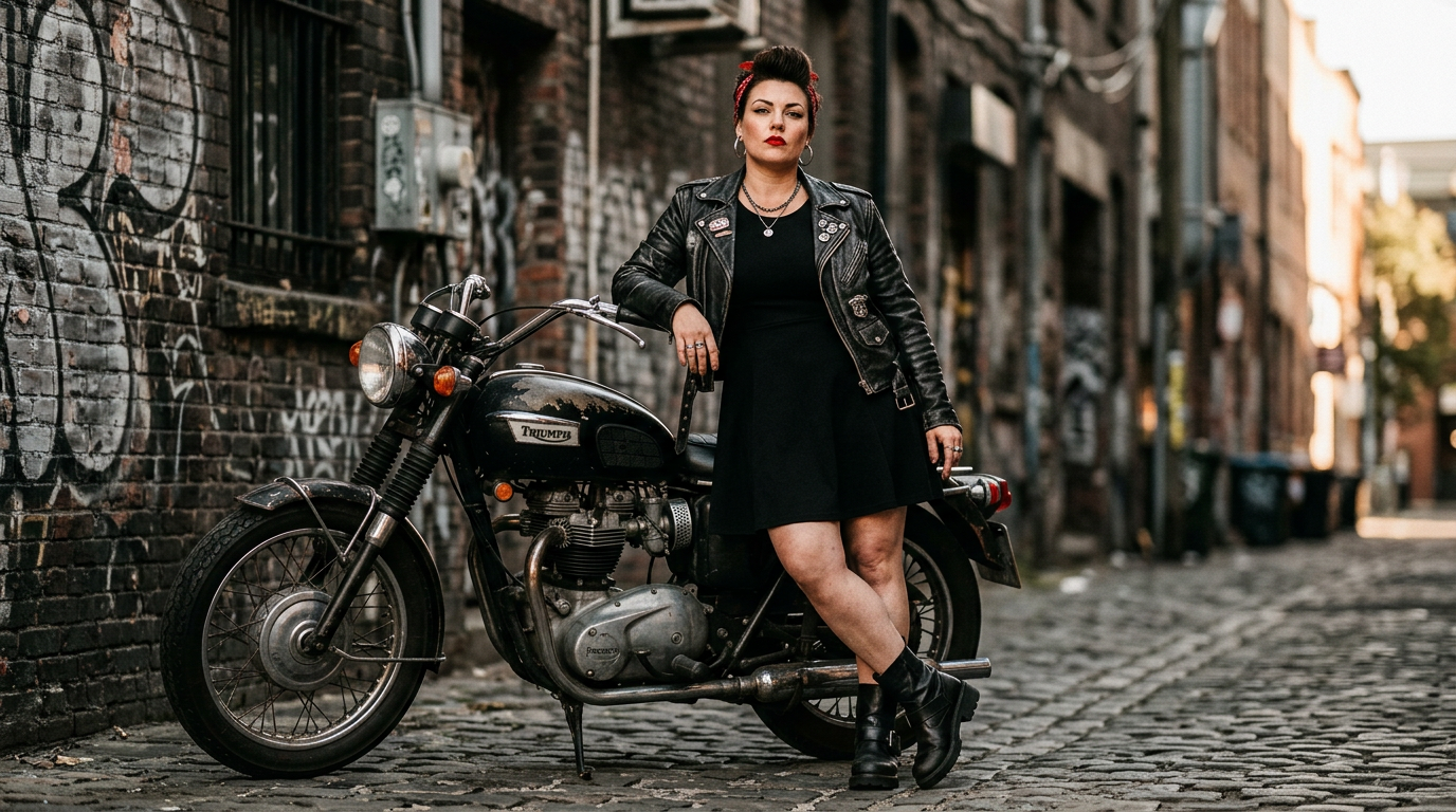 Femme au style rockabilly affirmé, portant une robe trapèze avec un perfecto en cuir devant une moto vintage.