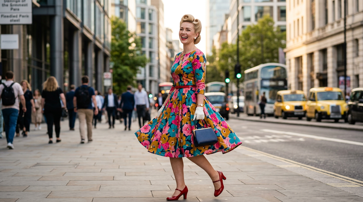 Femme souriante dans une rue moderne portant une robe rétro colorée d'inspiration années 50.