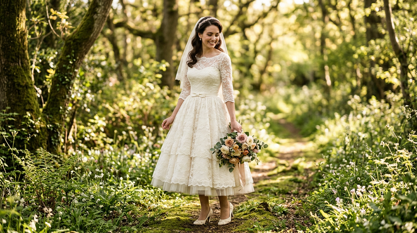 Mariée dans un jardin féérique portant une robe de mariée rétro Louise Vintage.