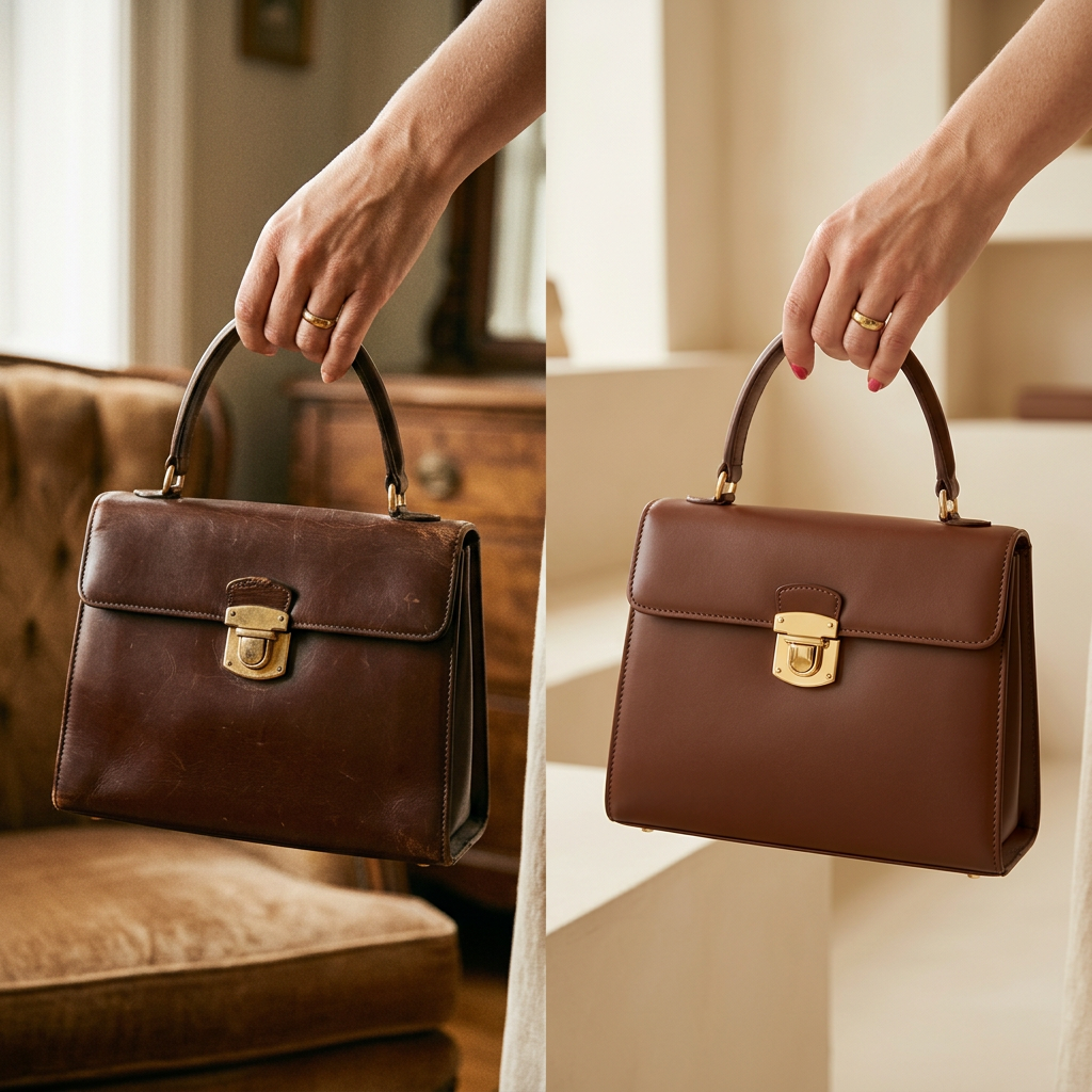 Image conceptuelle montrant un sac vintage usé à côté d'un sac rétro neuf du même style.