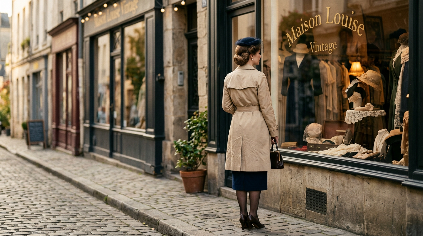 Femme élégante de dos regardant une vitrine de boutique vintage.
