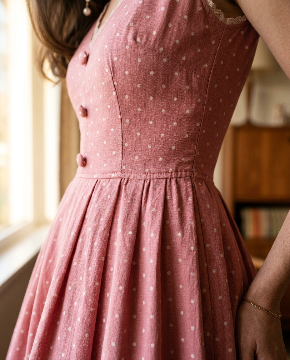 Gros plan sur les coutures et le tissu d'une authentique robe swing des années 50.
