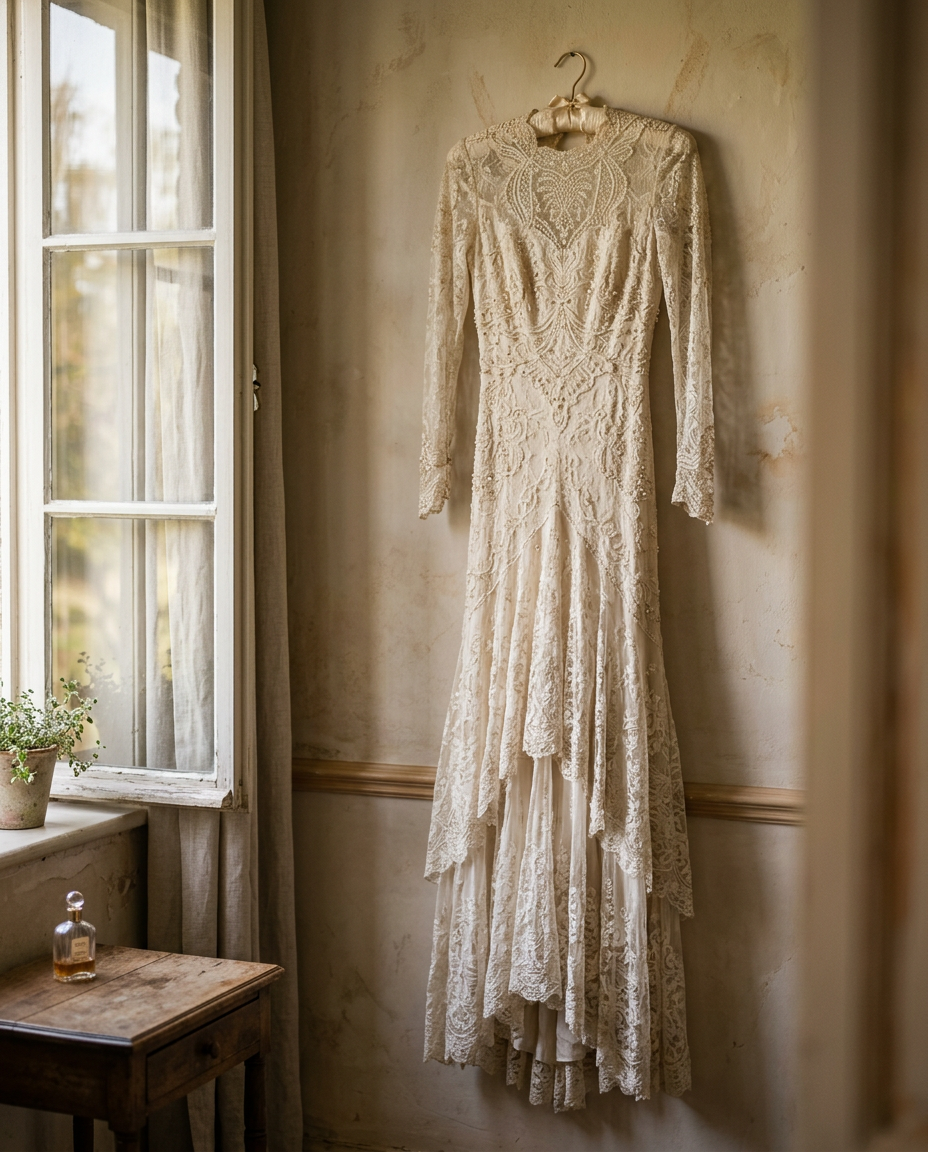 Une magnifique robe de soirée vintage en dentelle suspendue à un cintre en bois, baignée d'une douce lumière.