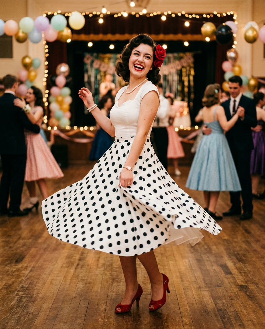 Une pin-up souriante dans une robe de soirée vintage des années 50 à pois avec une jupe ample.