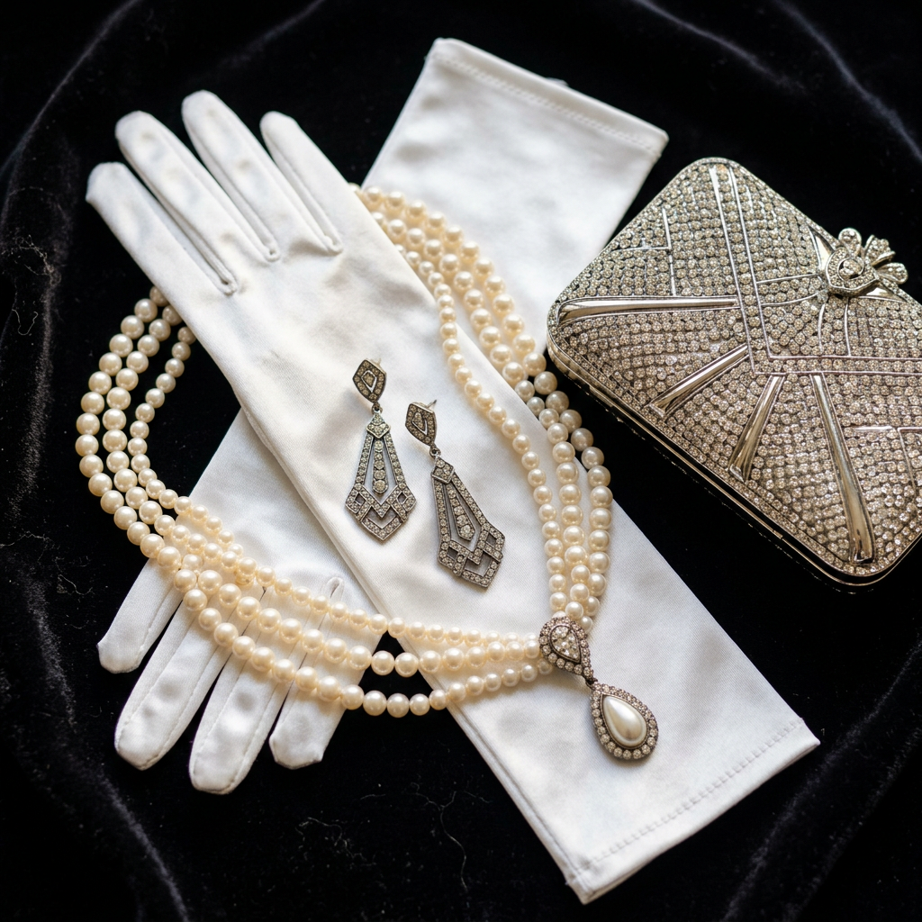 Gros plan sur des accessoires vintage : des gants longs en satin, un collier de perles et une minaudière.