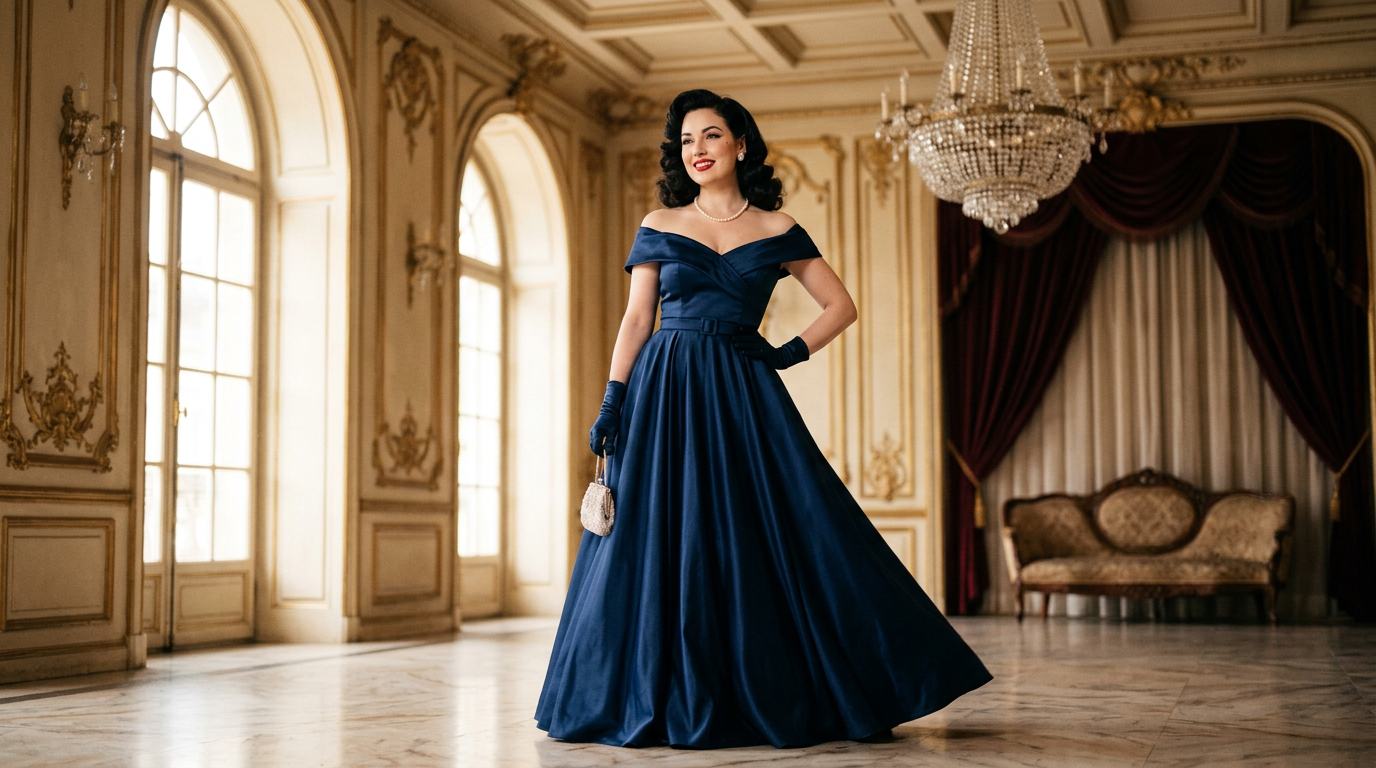 Une femme à l'allure de pin-up des années 50 portant une somptueuse robe de soirée vintage bleu nuit.