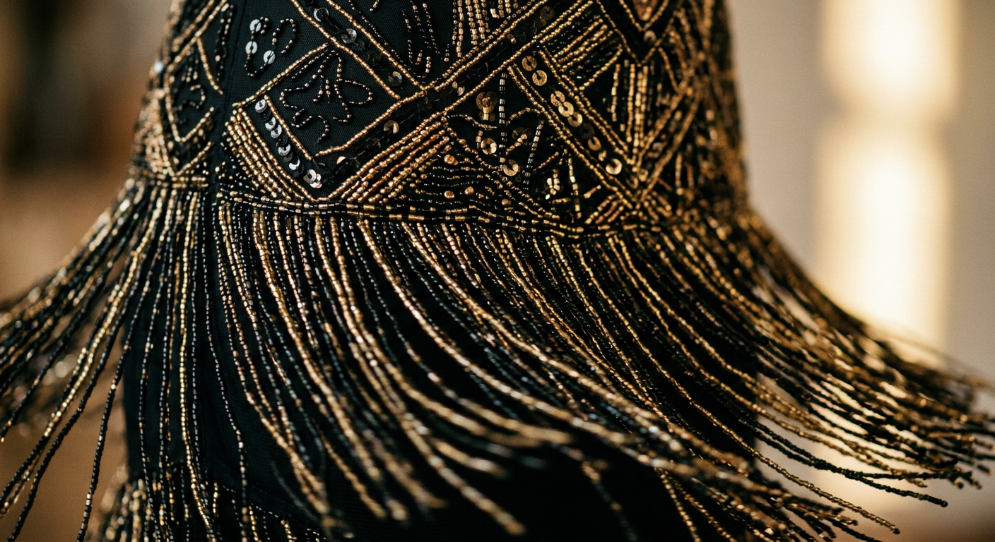 Gros plan détaillé sur les broderies de perles et les franges d'une robe Charleston en soie.