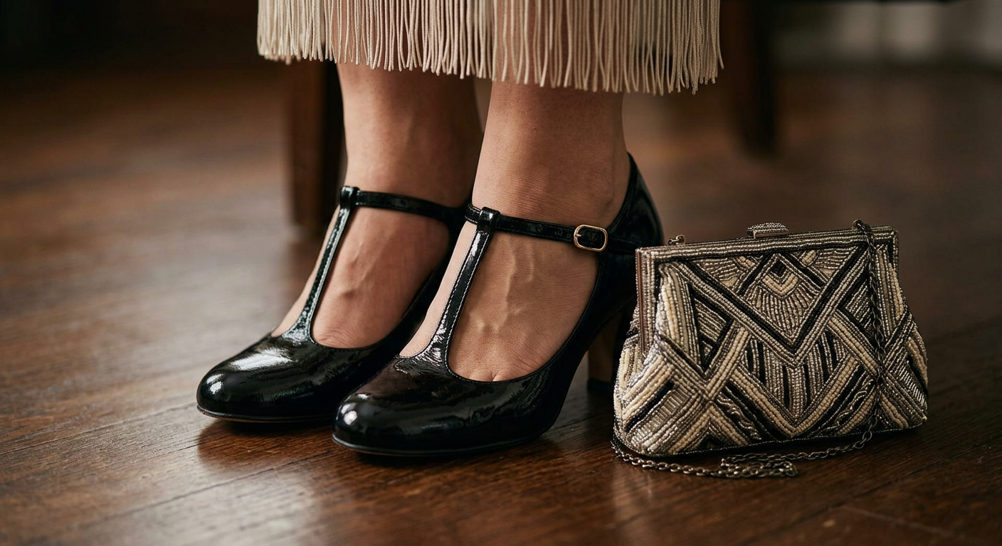 Focus sur des chaussures Mary Janes à talon et une pochette ornée, style années 20.