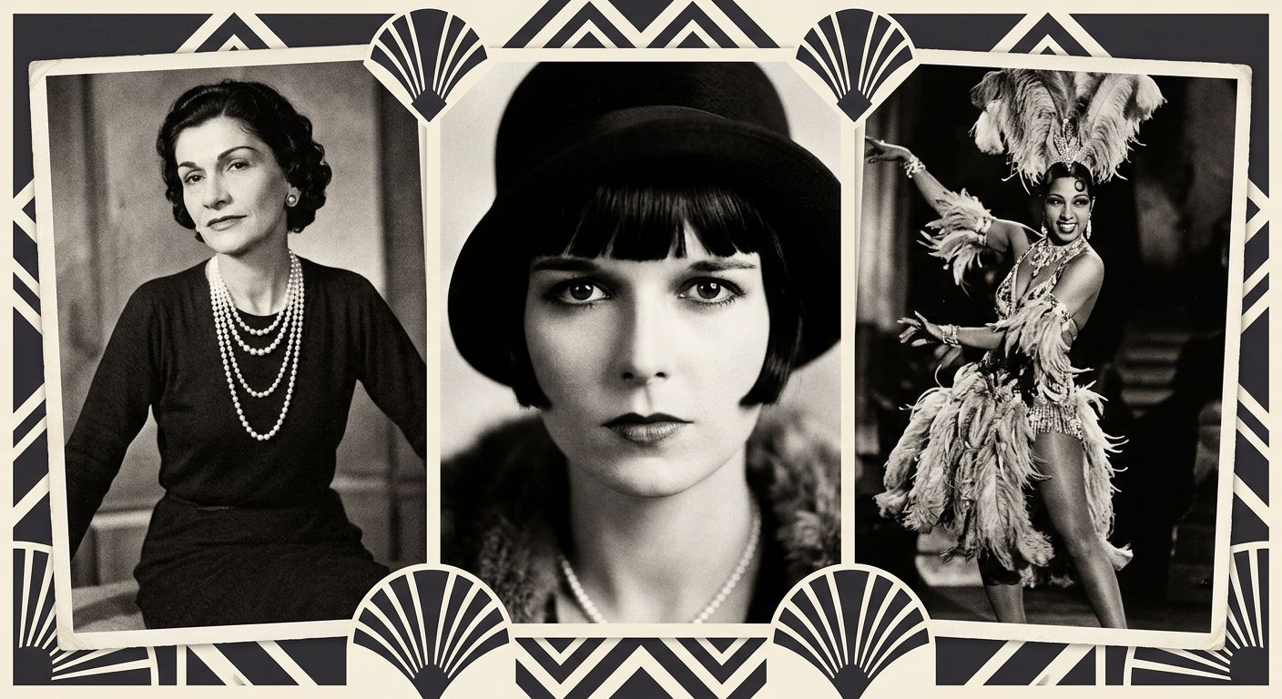 Montage de portraits noir et blanc d'icônes des Années Folles comme Louise Brooks et Coco Chanel.