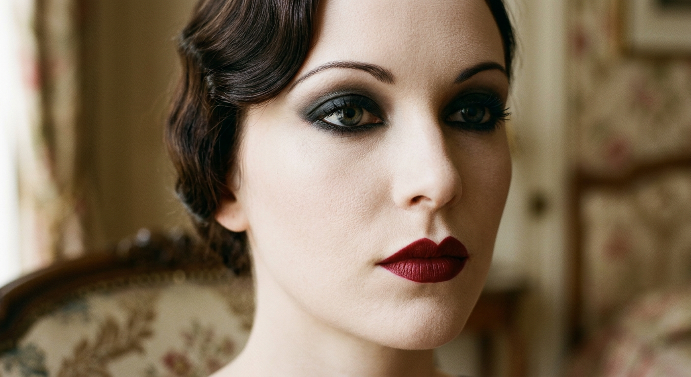 Gros plan sur un maquillage des années 20 : bouche de cupidon foncée et yeux charbonneux.