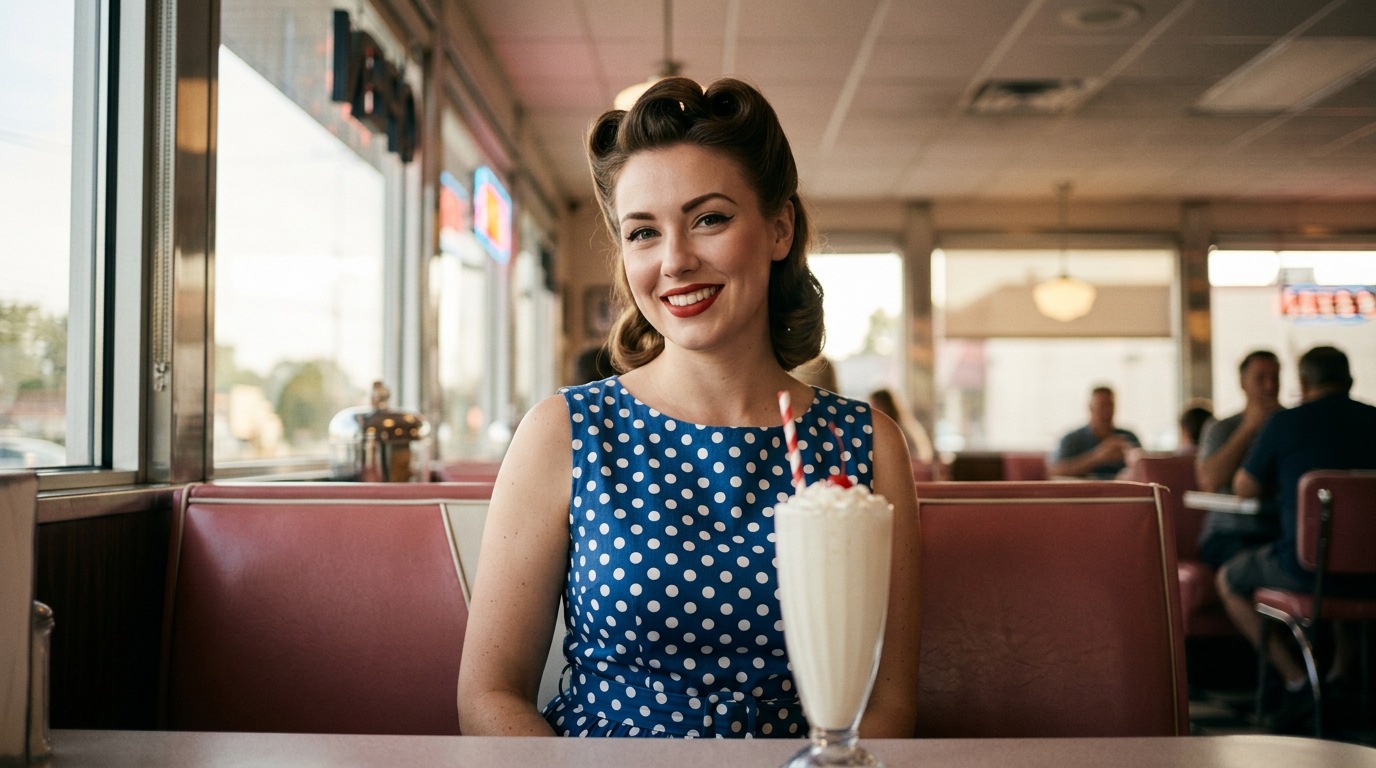 Femme moderne souriante avec un look pin-up, coiffure à rouleaux et robe à pois, dans un café rétro.