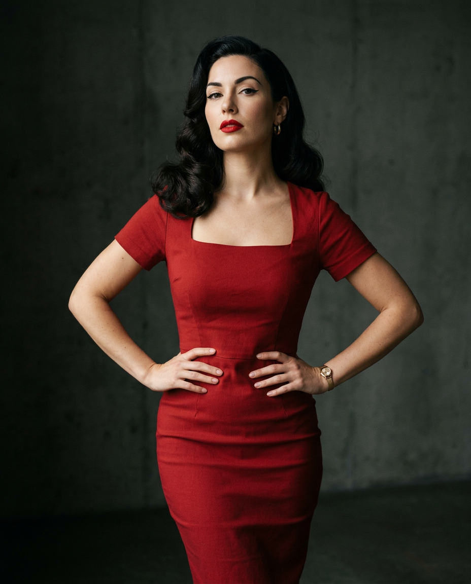 Femme pin-up moderne affirmée, en robe crayon rouge, les mains sur les hanches, regardant droit devant.