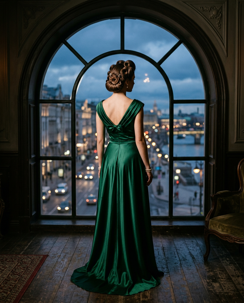 Femme élégante dans une robe de soirée vintage de dos, regardant par la fenêtre au crépuscule.