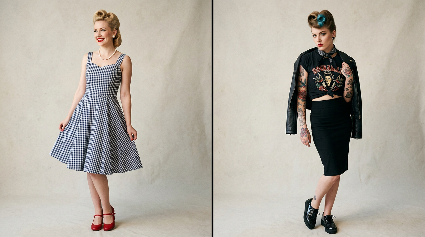 Image comparative montrant une pin-up classique des années 50 et une pin-up rockabilly moderne avec des tatouages.