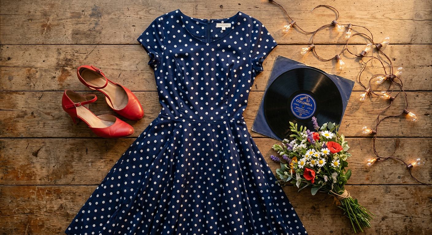 Inspiration mariage guinguette pin-up avec une robe à pois, des lampions et une coiffure rétro.