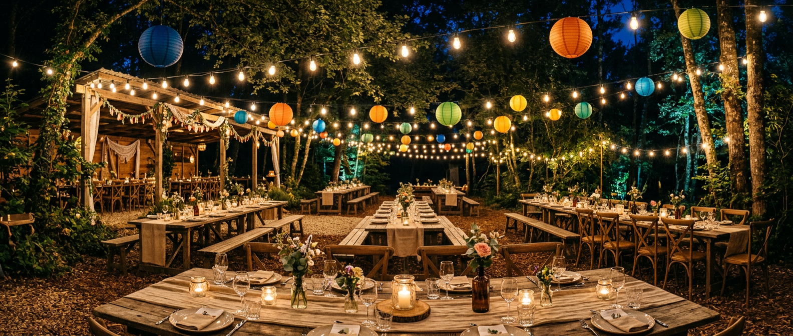 Scène de réception de mariage guinguette la nuit, avec des guirlandes lumineuses scintillantes et des lampions colorés au-dessus des tables.