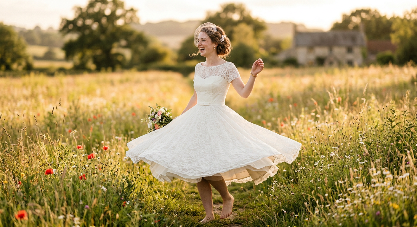 Mariée dans une robe de mariée guinguette style années 50, avec une jupe ample qui tourne, dans un décor champêtre.