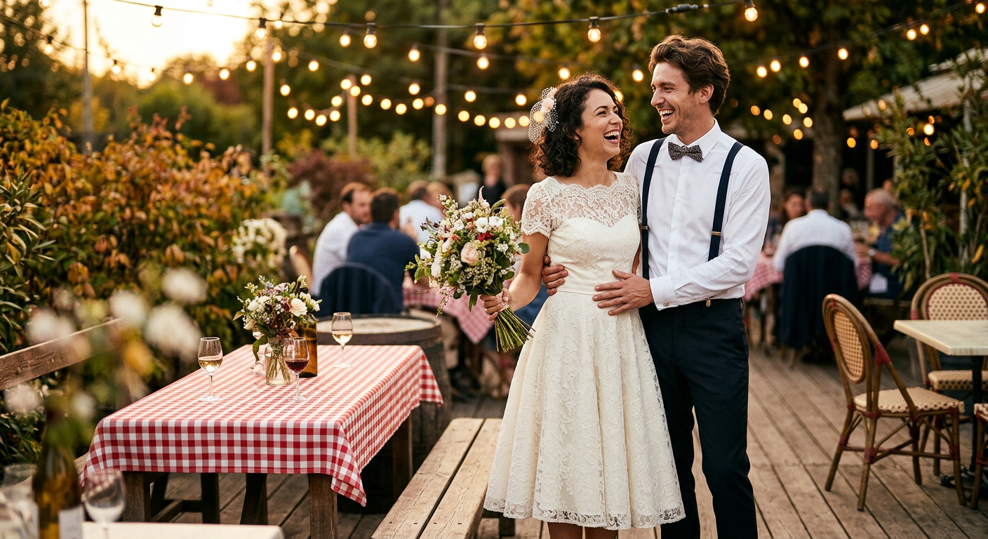 Couple de mariés souriant dans une ambiance guinguette chic, avec guirlandes lumineuses et nappe à carreaux rouge et blanc.