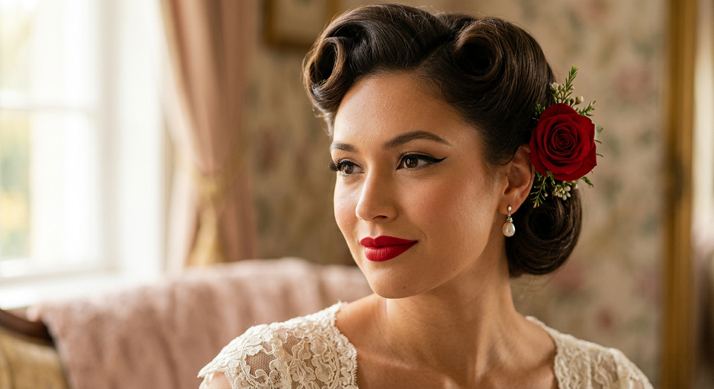 Gros plan sur une coiffure mariage rétro avec des victory rolls et une fleur rouge, accompagné d'un maquillage pin-up avec eyeliner et rouge à lèvres vif.