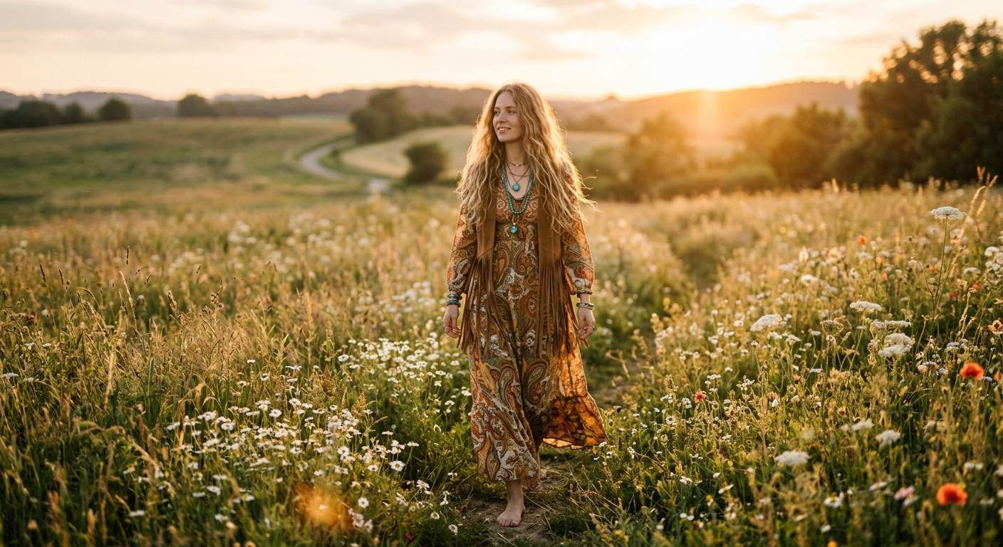 Une femme à l'allure bohème dans un champ de fleurs au coucher du soleil, portant une robe longue et fluide à imprimés floraux.