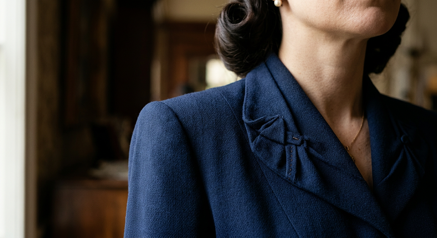 Gros plan sur l'épaulette et le drapé d'un tailleur chic des années 40.
