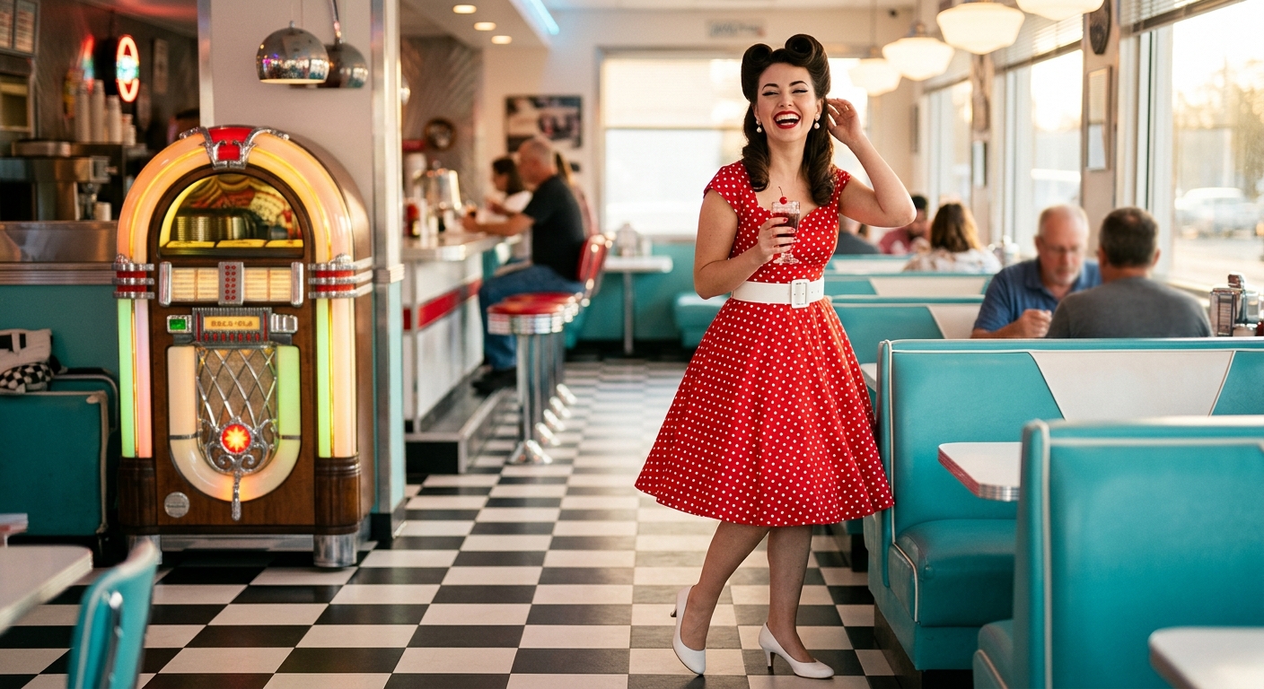 Une femme souriante posant dans un décor de diner américain, vêtue d'une robe pin-up à pois rouge et blanc.