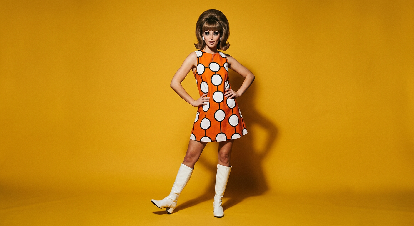 Une mannequin dans une robe trapèze orange vif à motifs géométriques, avec une coiffure volumineuse et un maquillage oeil de chat prononcé.