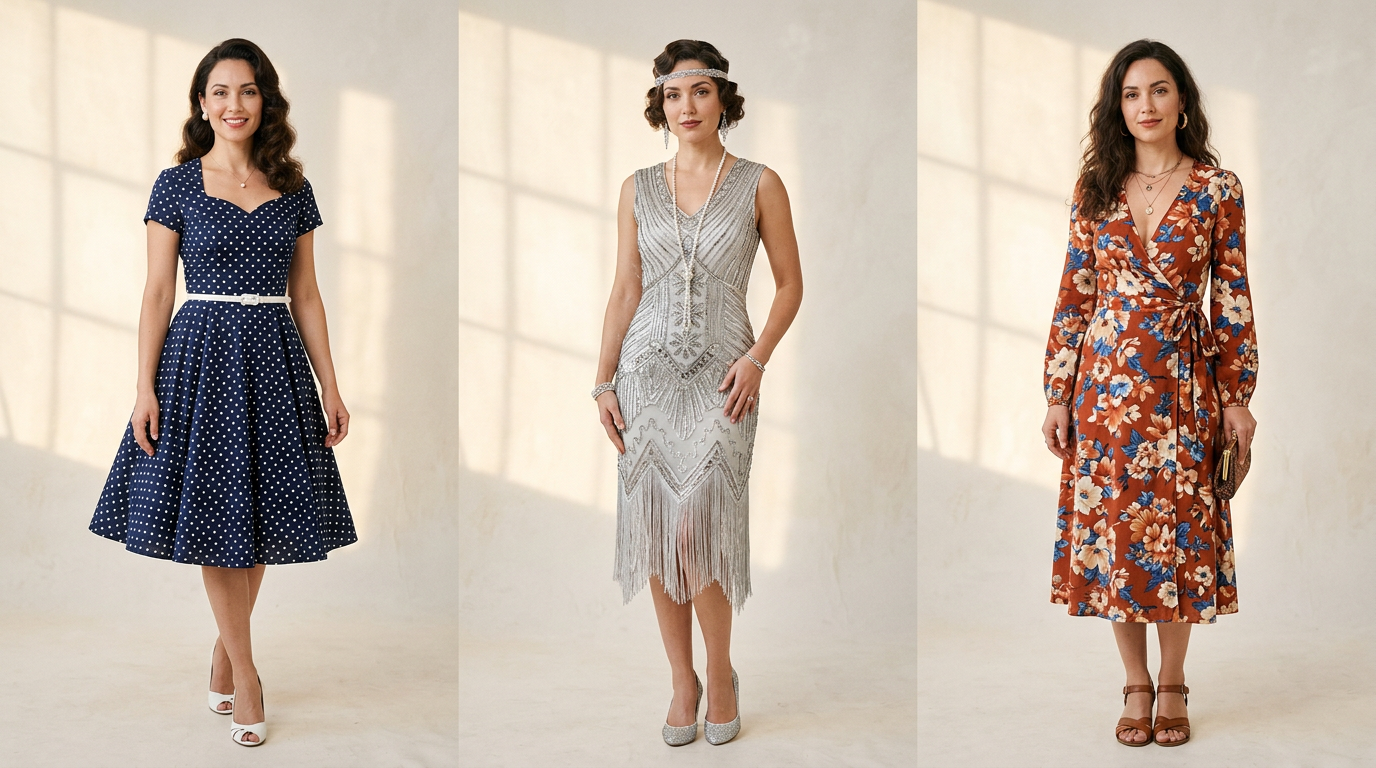 Mannequin portant une sélection de robes Louise Vintage : une robe pin-up à pois, une robe Gatsby à franges, et une robe-portefeuille années 70.