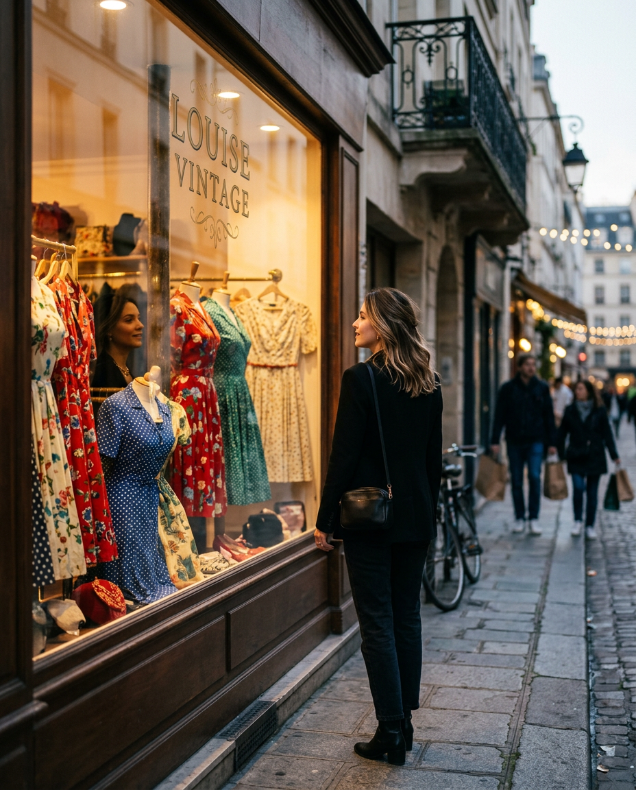 Femme moderne devant une vitrine de boutique vintage, admirant des robes rétro colorées.