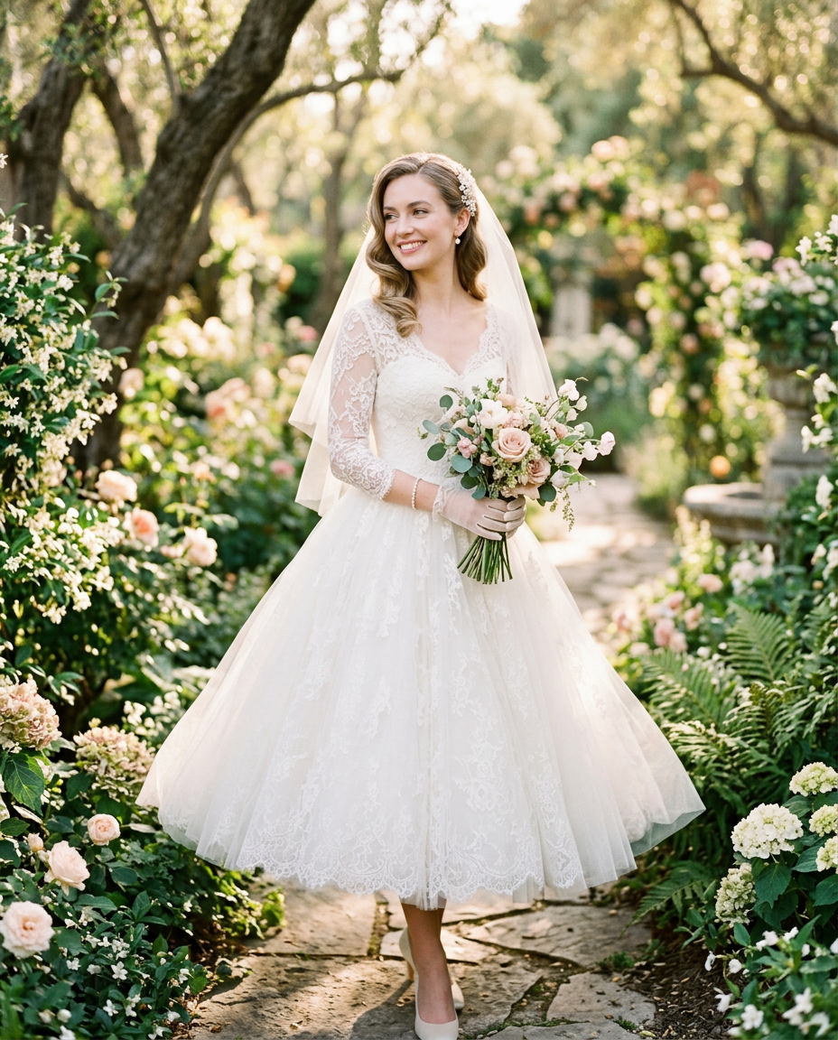 Une mariée radieuse dans une robe de mariée rétro style années 50, avec une jupe en tulle et un corsage en dentelle.