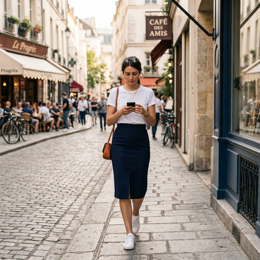 Femme contemporaine dans une rue parisienne, portant une jupe crayon rétro avec un smartphone à la main.