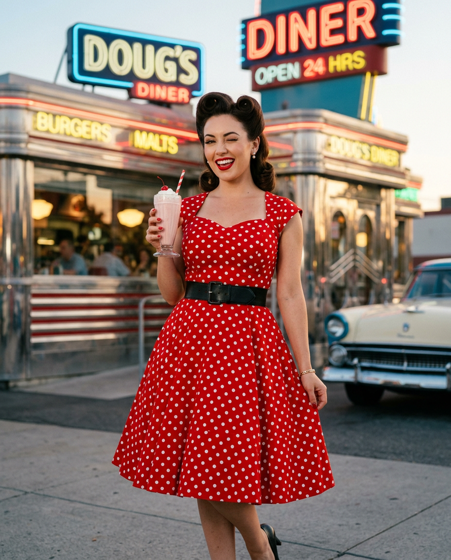 Une femme au look pin-up des années 50 posant avec assurance devant un diner américain vintage.