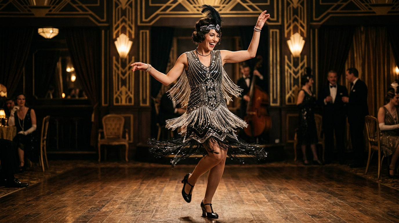 Modèle portant une robe Charleston scintillante, capturée en plein mouvement de danse.