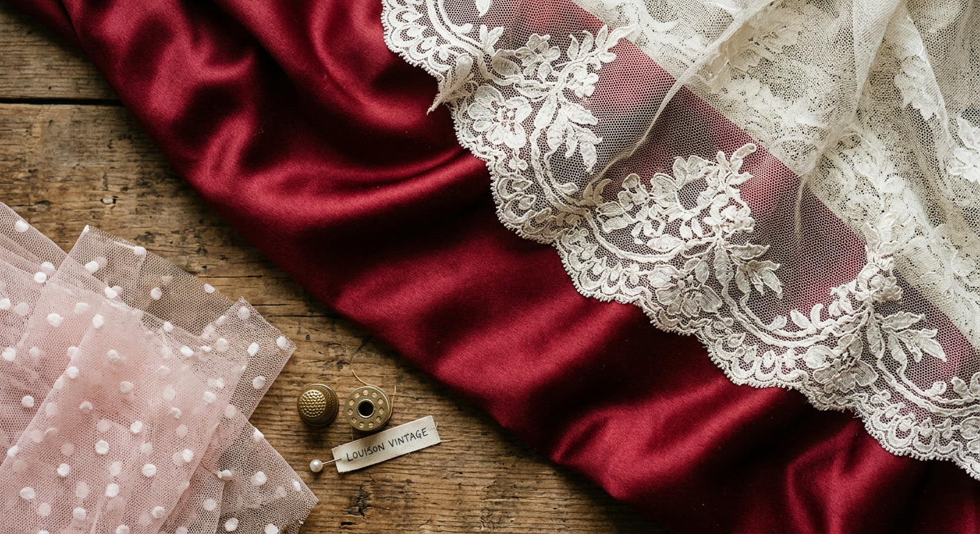 Gros plan sur une superposition de tissus vintage : satin rouge, dentelle ivoire et tulle à pois.