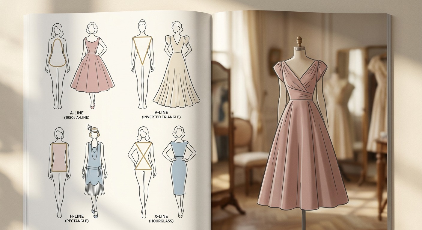 Infographie stylisée montrant différentes morphologies de femmes avec les coupes de robes vintage qui les subliment.