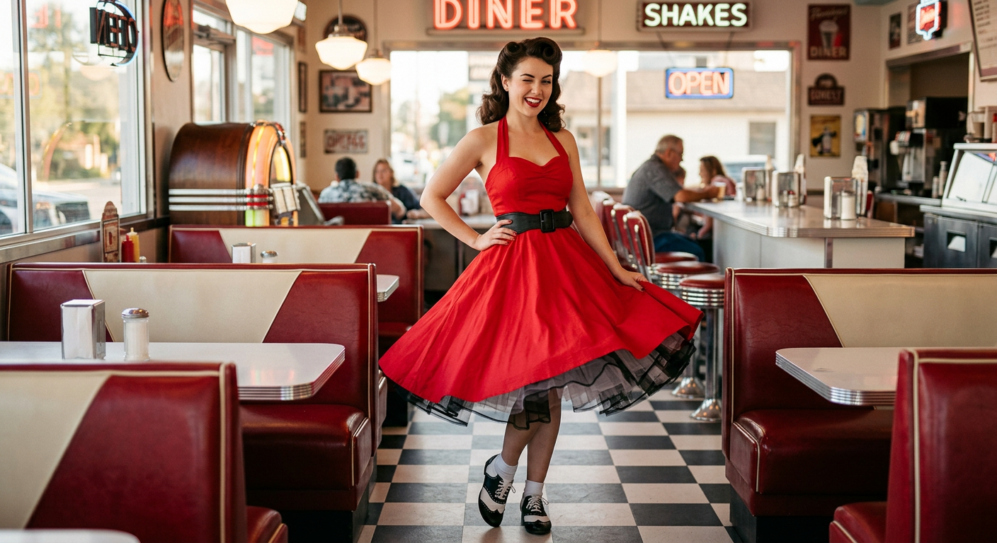 Une pin-up moderne posant fièrement dans une robe de bal rouge à pois blancs, jupe ample et taille cintrée, typique des années 50.