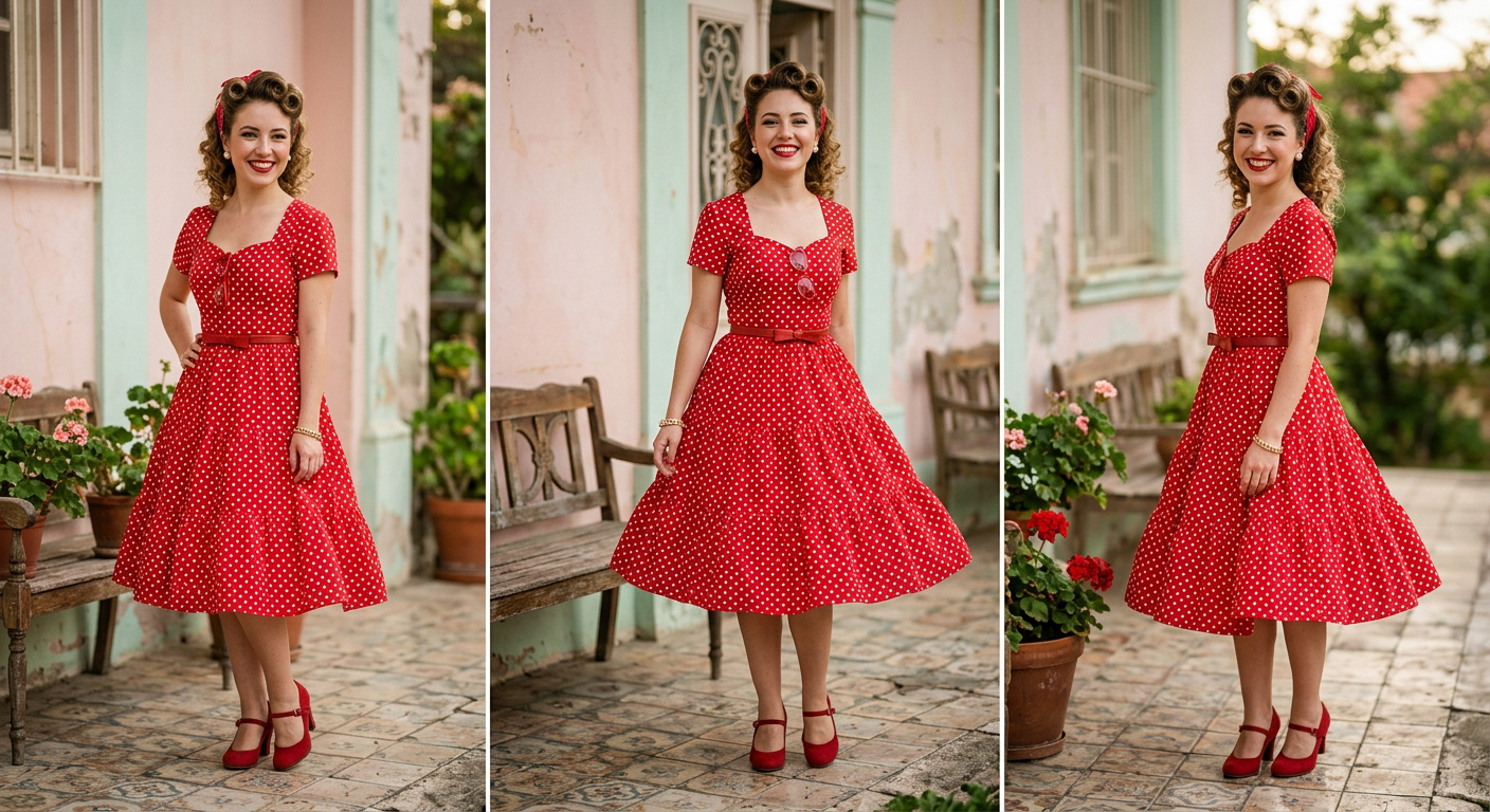 Jeune femme souriante et confiante dans une robe de bal vintage à pois, illustrant l'originalité du style rétro.