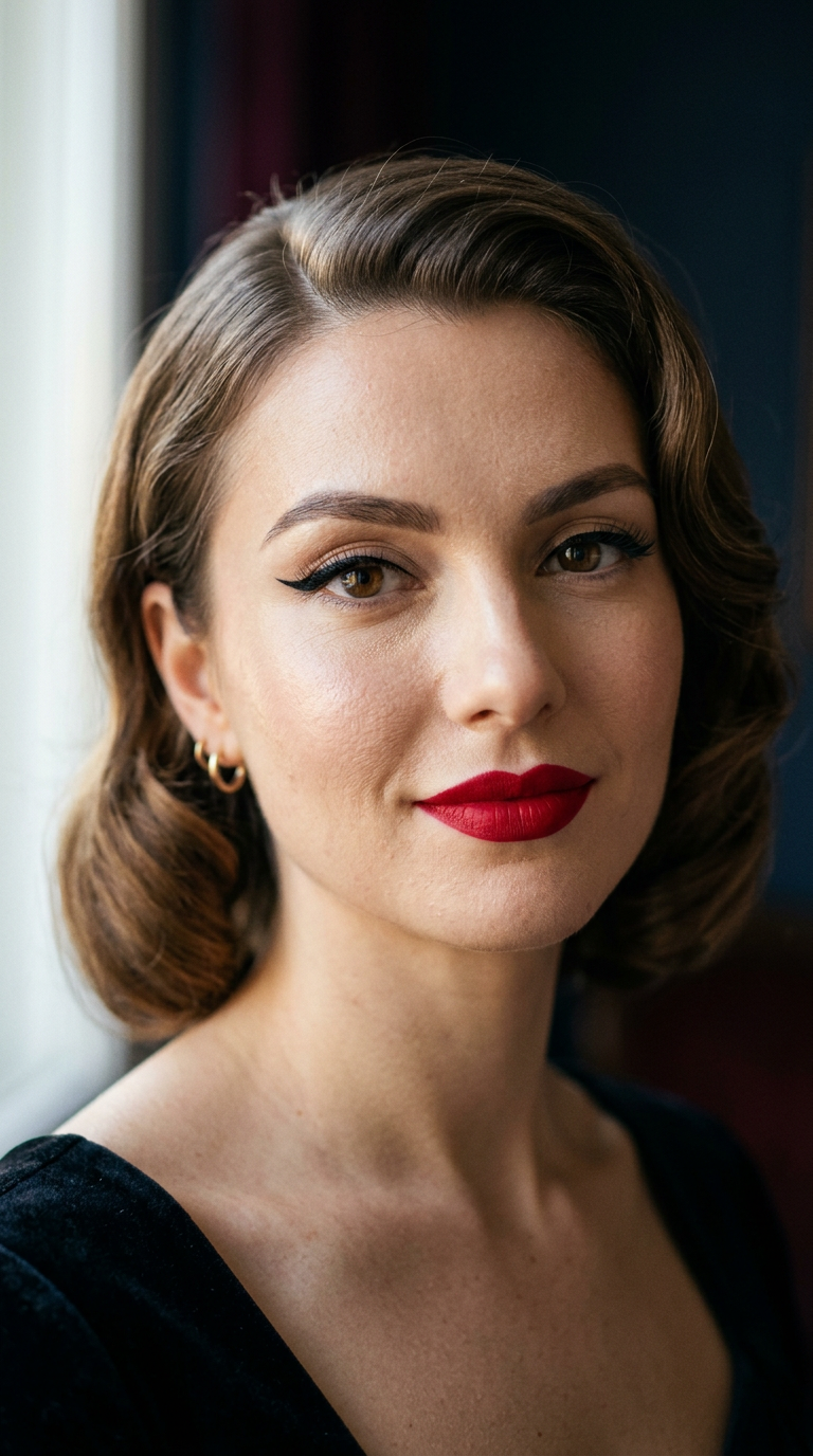 Gros plan sur le visage d'une femme avec un maquillage pin-up impeccable : trait d'eye-liner noir, rouge à lèvres rouge mat et coiffure à vagues.