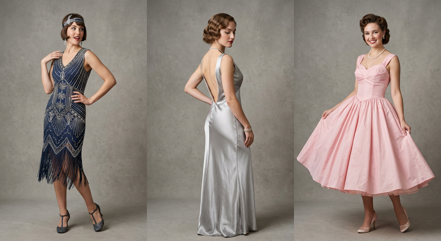 Montage de trois robes de bal emblématiques : une robe à franges des années 20, une robe en satin des années 30 et une robe corolle des années 50.