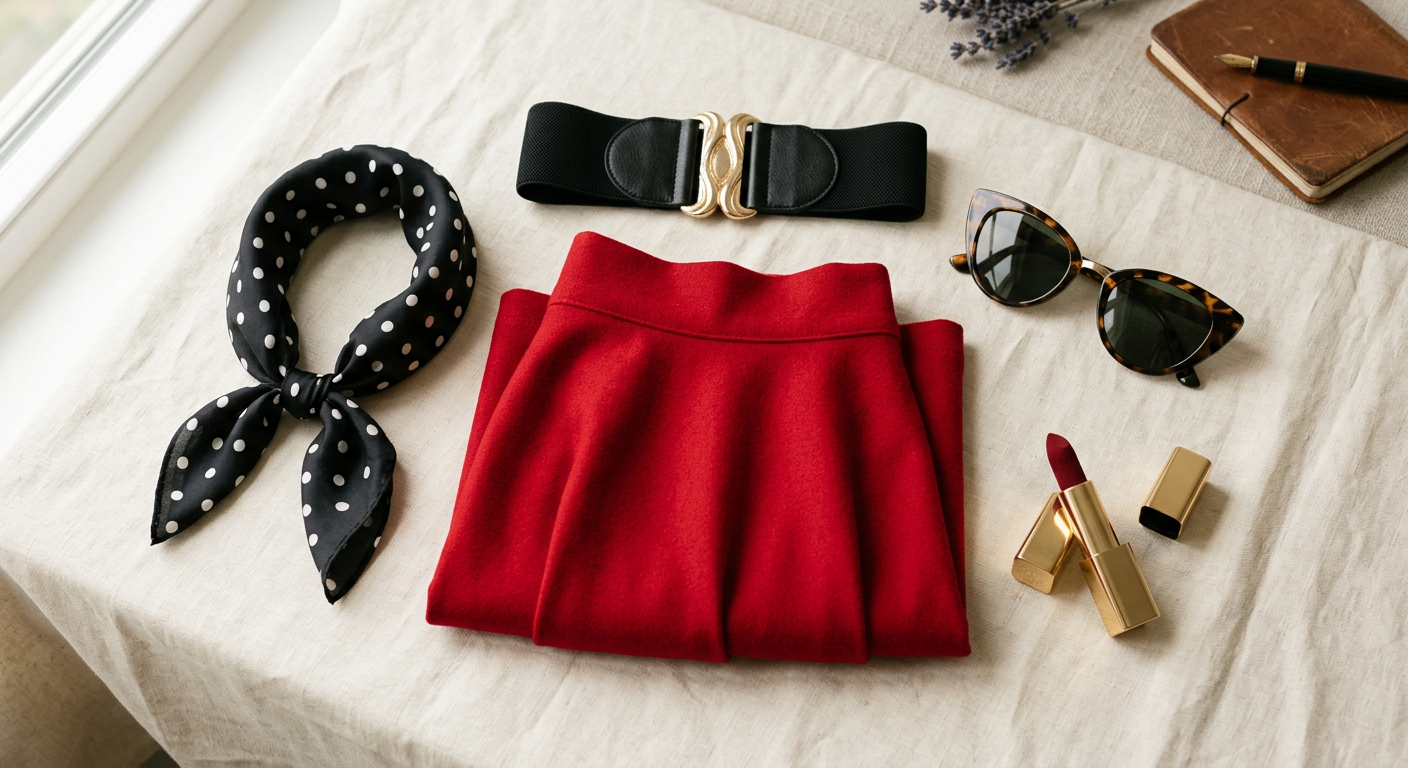 Composition flat-lay de vêtements et accessoires rétro pin-up avec jupe corolle rouge, ceinture vintage et rouge à lèvres