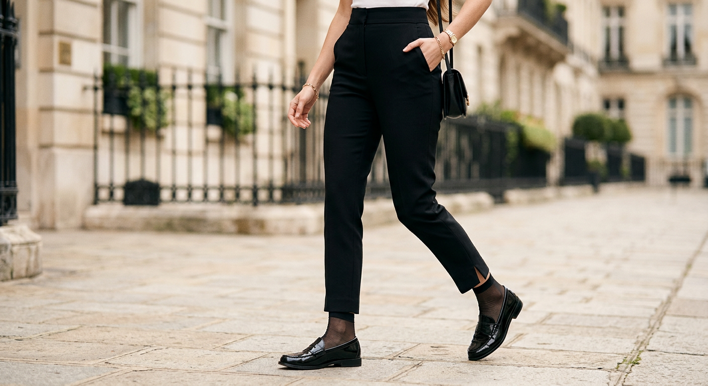 Détail élégant d'un pantalon cigarette taille haute 7/8e noir porté avec des mocassins vernis