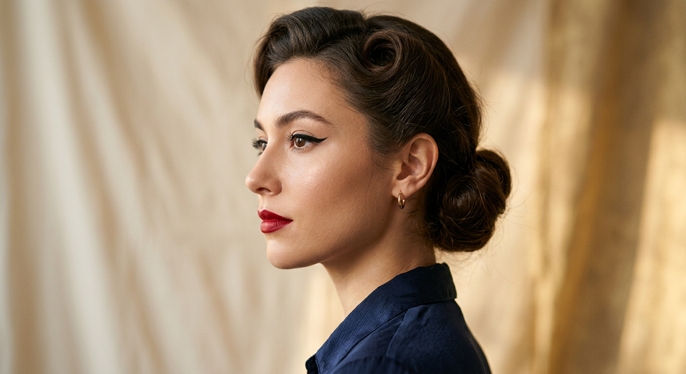 Gros plan visage profil d'une femme avec maquillage pin-up comprenant un trait d'eyeliner net et des lèvres carmin