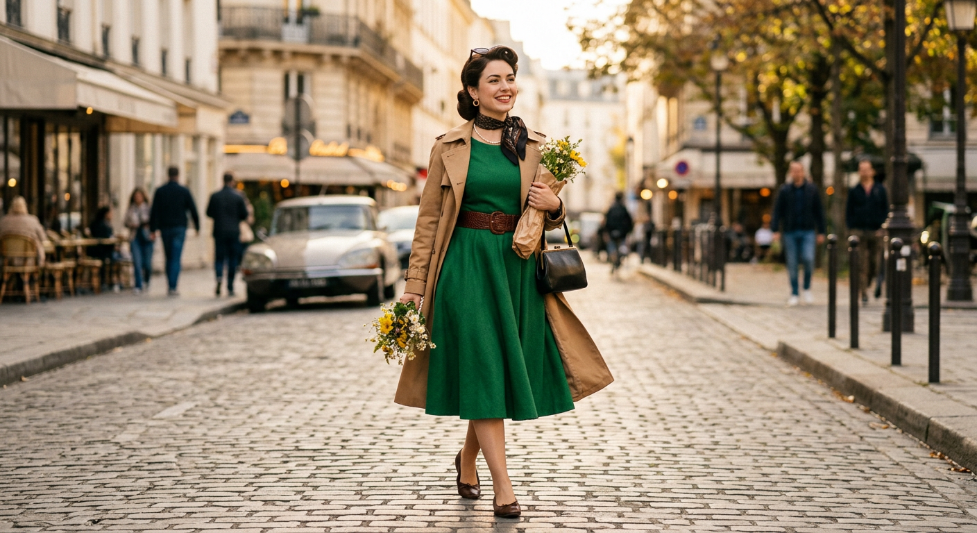 Femme marchant dans une rue moderne avec un look pin-up chic composé d'un trench cintré et de chaussures rétro