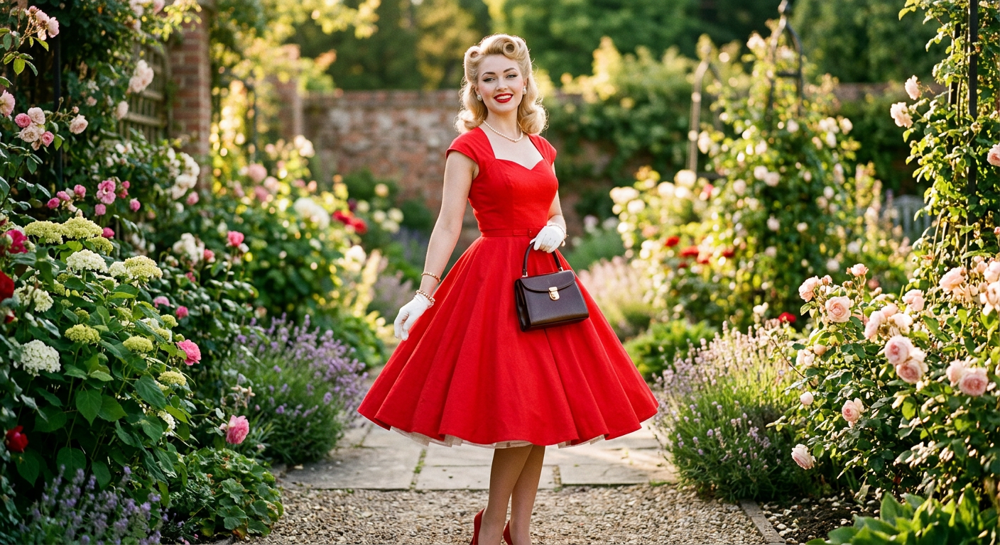 Mannequin portant une robe swing rouge style années 50, inspirée des icônes d'Hollywood.