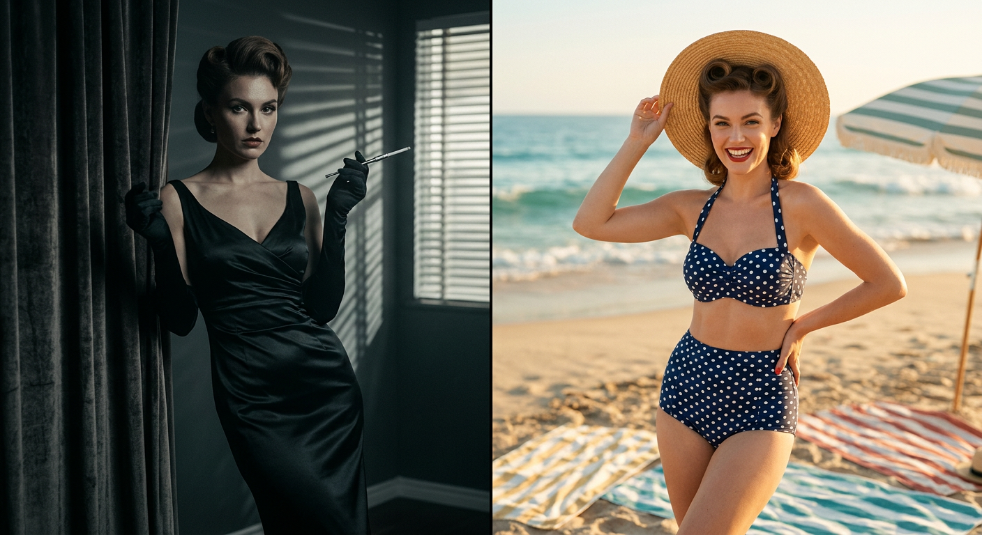 Montage photo d'une femme fatale et d'une pin-up, deux archétypes de la mode cinéma vintage.